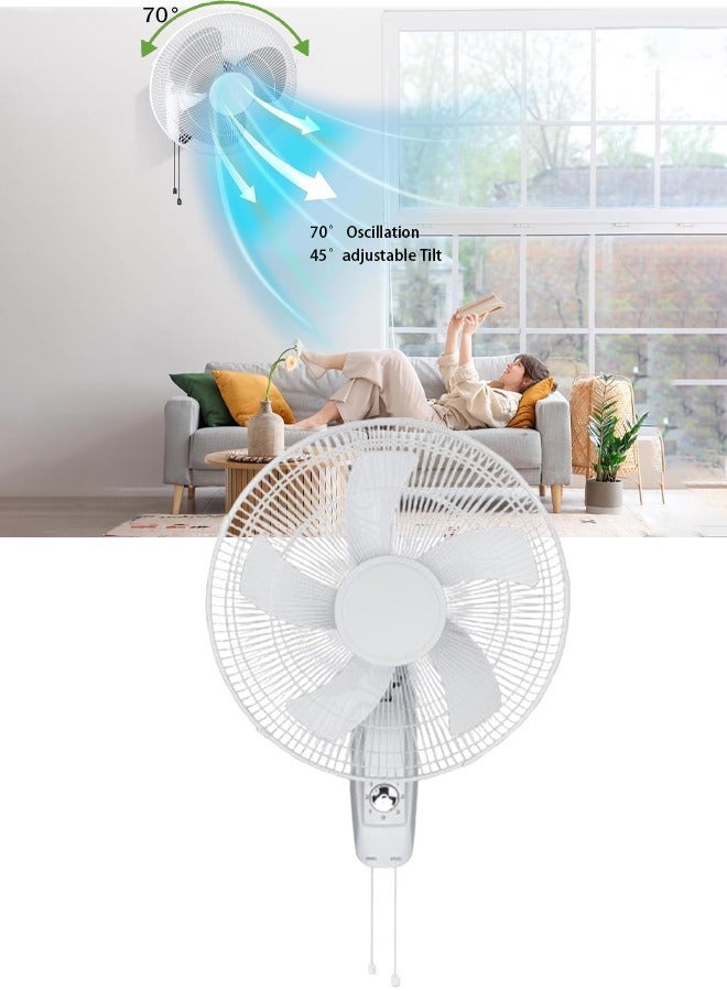 GGEROU 16 Inch Wall Fan, High Performance Fan with 3-Speed Controls, Electric Wall Mount Cooling Fan for Home, Green House, Work Room Or Office Use, 5 Leaf Blades and 2 Pull String Cords, Adjustable Tilt Angle and Efficient Cooling (White) - Image 2